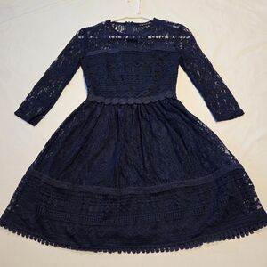 Junior Navy Lace Long-Sleeve Party Dress, Size 0